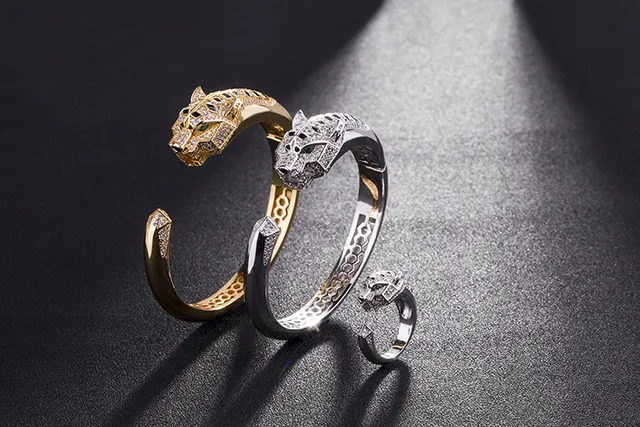 Gold-Tone Panther Head Pavé Crystal Open Cuff Bracelet 7