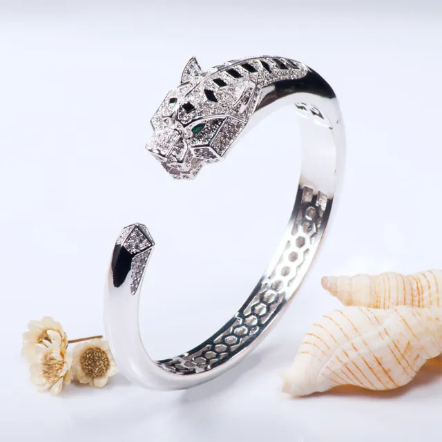 Gold-Tone Panther Head Pavé Crystal Open Cuff Bracelet 10