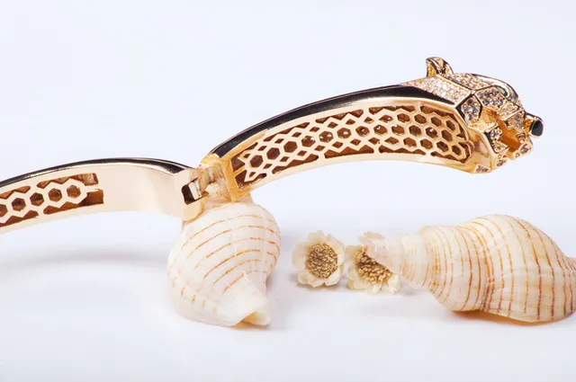 Gold-Tone Panther Head Pavé Crystal Open Cuff Bracelet 12