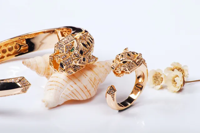 Gold-Tone Panther Head Pavé Crystal Open Cuff Bracelet 13