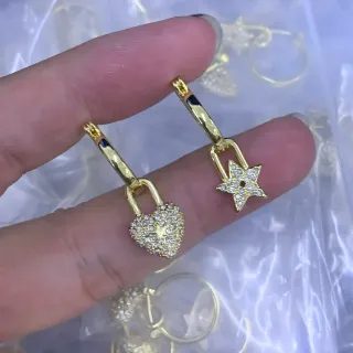 Gold-Tone Pave Crystal Heart and Star Charm Hoop Earrings