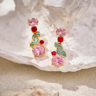 Gold-Tone Pink and Red Gemstone Scroll Motif Earrings