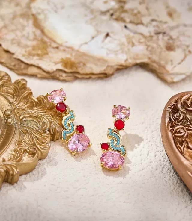Gold-Tone Pink and Red Gemstone Scroll Motif Earrings 4
