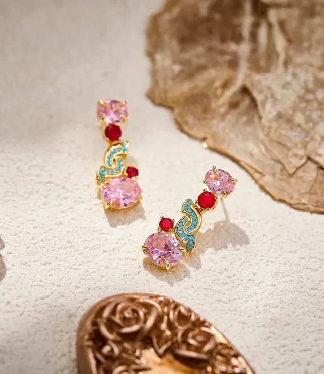 Gold-Tone Pink and Red Gemstone Scroll Motif Earrings 6