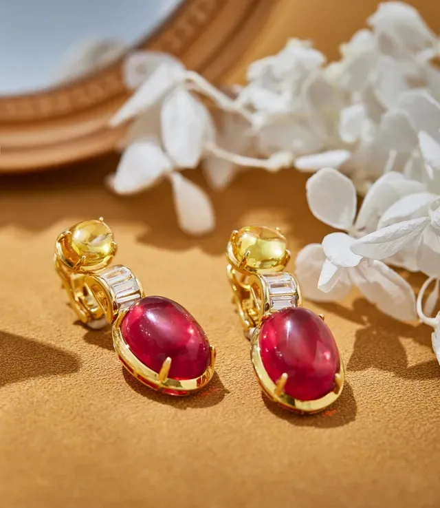 Gold-Tone Pink and Yellow Gemstone Drop Earrings 2