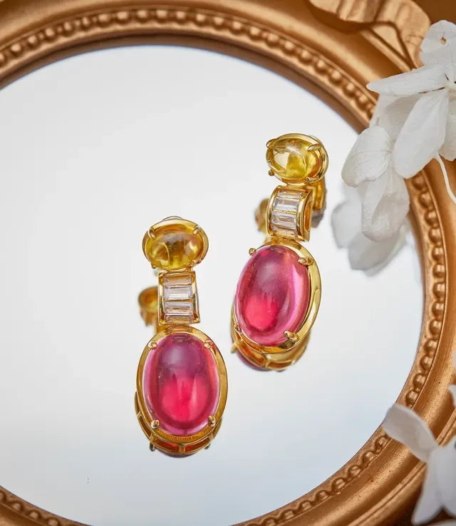 Gold-Tone Pink and Yellow Gemstone Drop Earrings 3