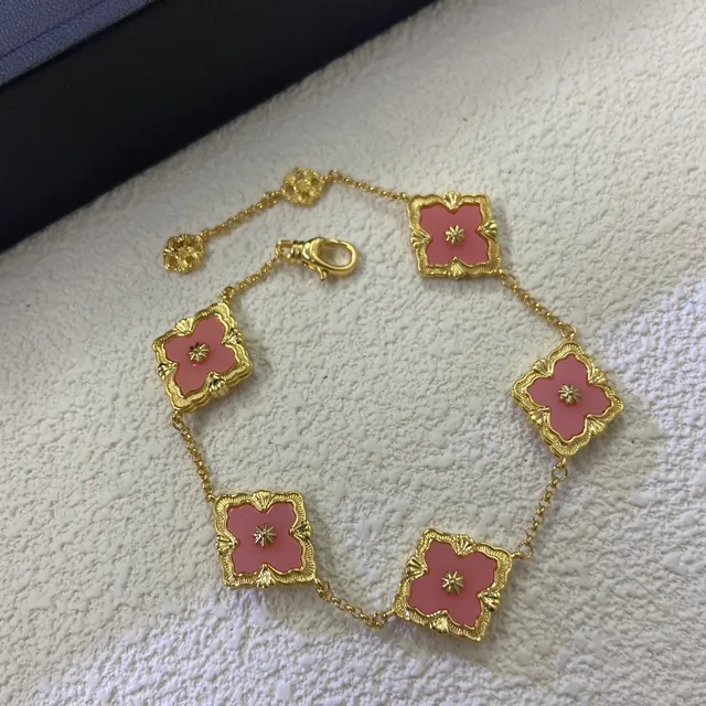 Gold-Tone Pink Enamel Quatrefoil Chain Bracelet 2