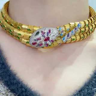 Gold-Tone Snake Motif Multi-Gemstone Choker Necklace