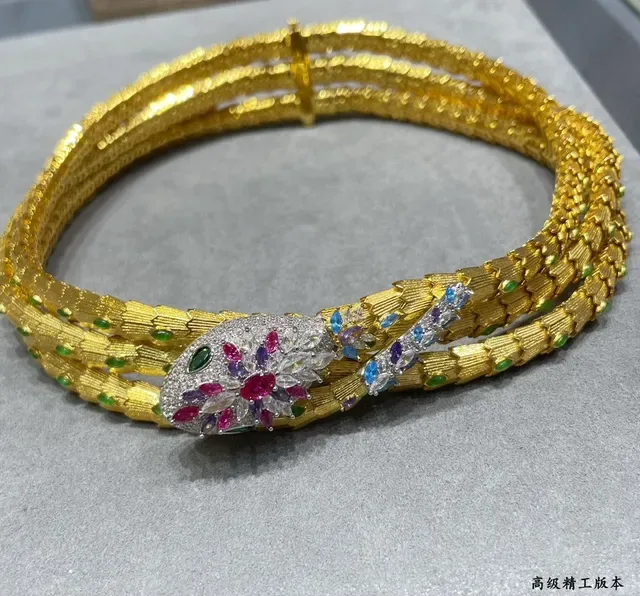 Gold-Tone Snake Motif Multi-Gemstone Choker Necklace 8