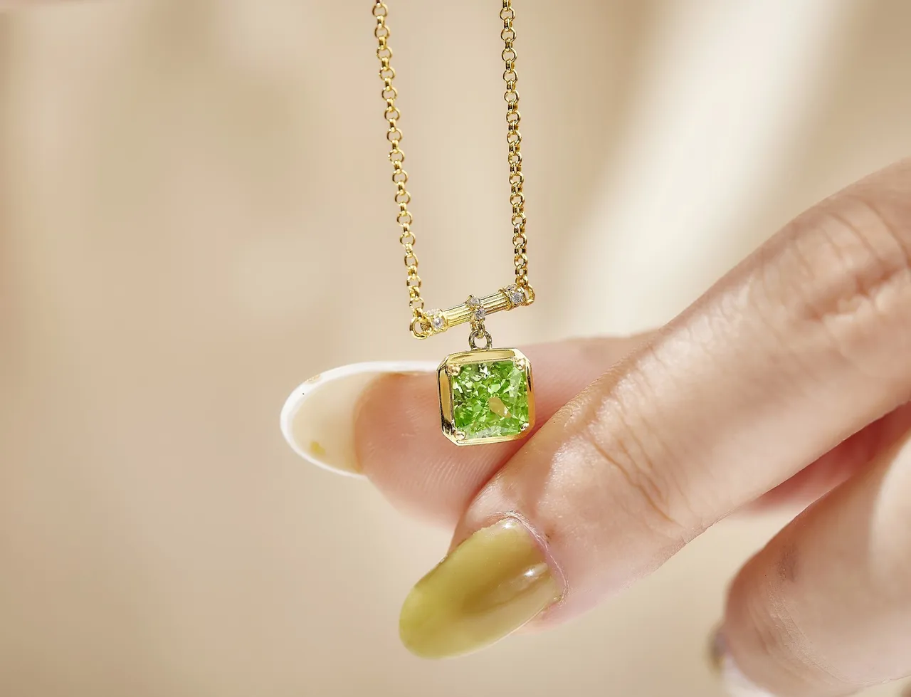Gold-Tone Square Green Gemstone Bezel-Set Pendant Necklace 2