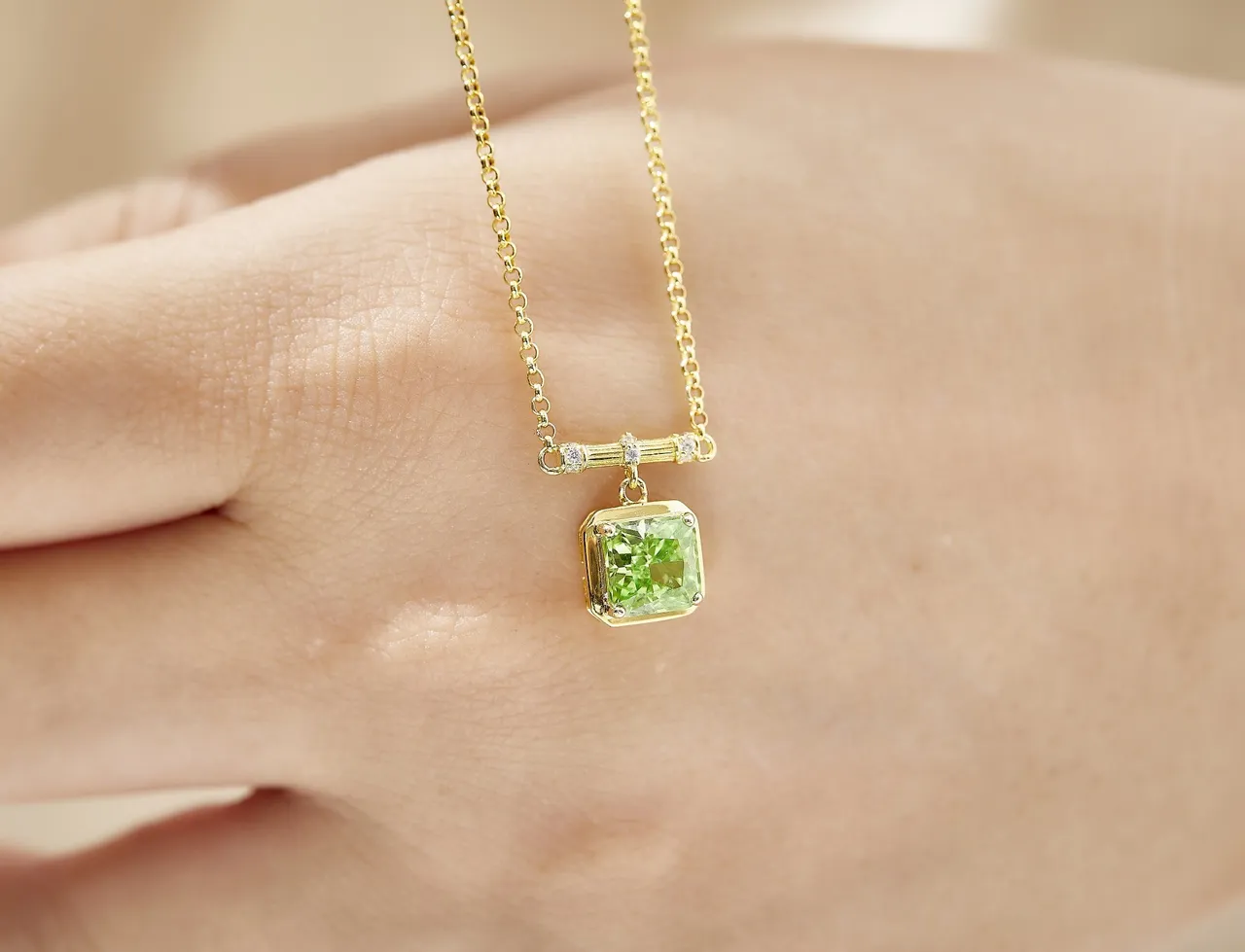 Gold-Tone Square Green Gemstone Bezel-Set Pendant Necklace 3