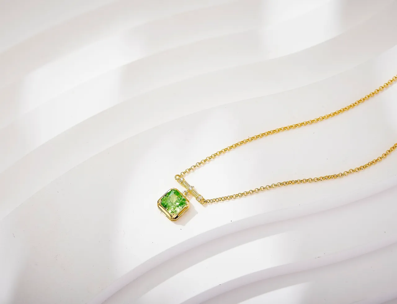 Gold-Tone Square Green Gemstone Bezel-Set Pendant Necklace 4