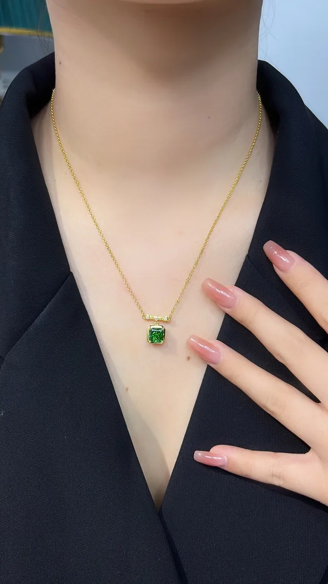 Gold-Tone Square Green Gemstone Bezel-Set Pendant Necklace 5