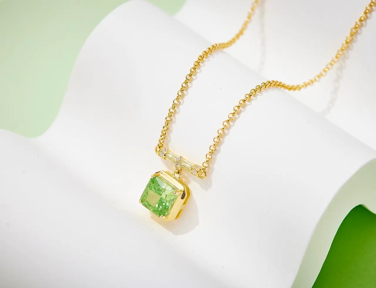 Gold-Tone Square Green Gemstone Bezel-Set Pendant Necklace 6