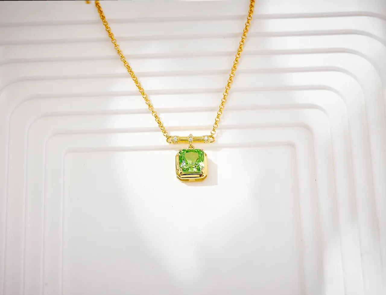Gold-Tone Square Green Gemstone Bezel-Set Pendant Necklace 7