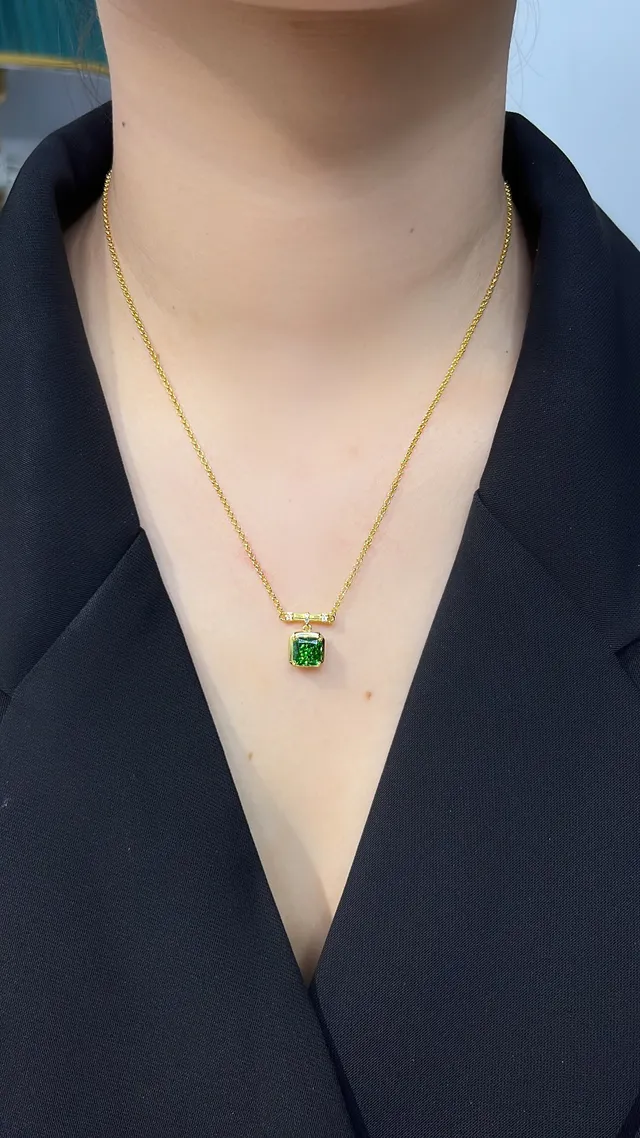 Gold-Tone Square Green Gemstone Bezel-Set Pendant Necklace 8