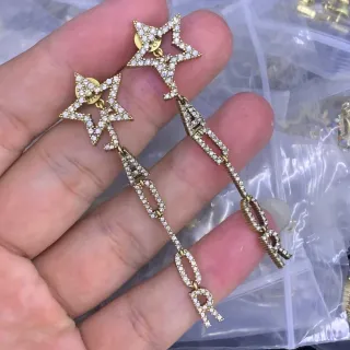 Gold-Tone Star and Letter Pavé Crystal Dangling Earrings