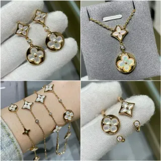 Gold-Tone White Floral Quatrefoil Drop Earrings