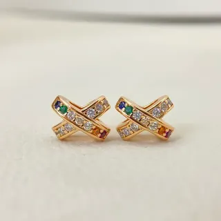 Gold-Tone X-Shaped Multicolor Gemstone Hinged Hoop Earrings