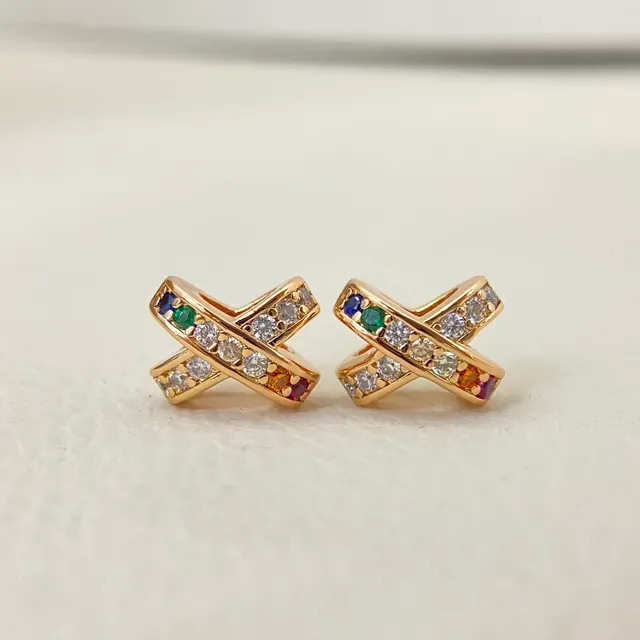 Gold-Tone X-Shaped Multicolor Gemstone Hinged Hoop Earrings 1