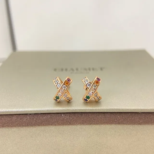 Gold-Tone X-Shaped Multicolor Gemstone Hinged Hoop Earrings 2