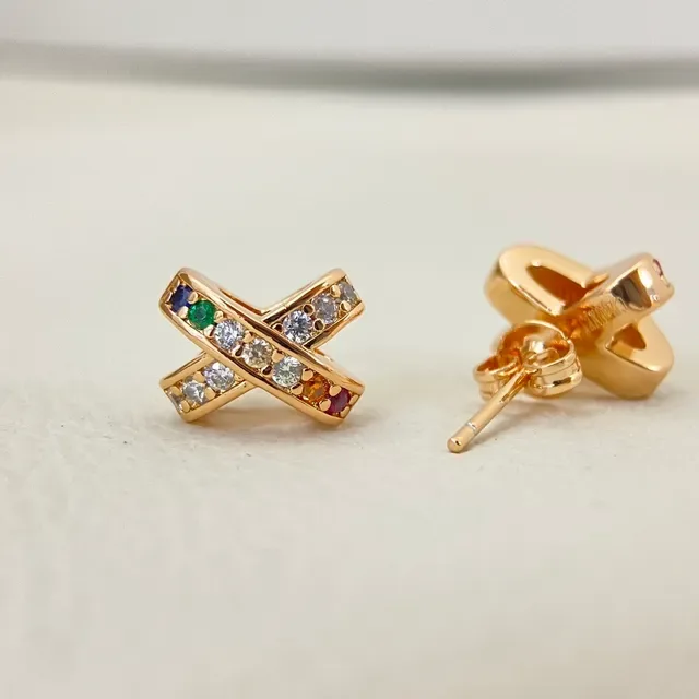Gold-Tone X-Shaped Multicolor Gemstone Hinged Hoop Earrings 3