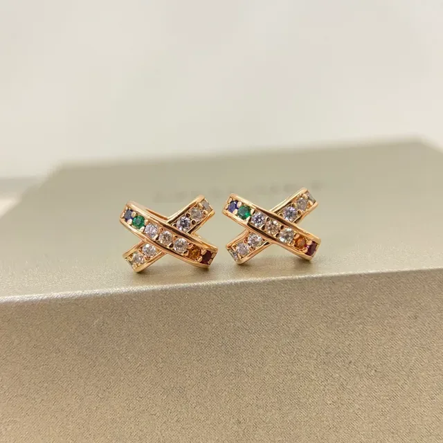 Gold-Tone X-Shaped Multicolor Gemstone Hinged Hoop Earrings 4