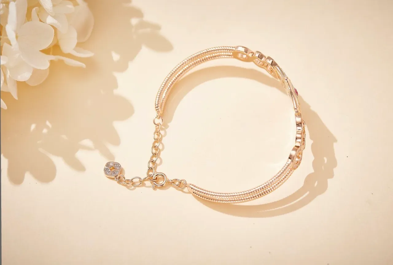 Gold-Toned Pavé Heart Motif Pink Gemstone Bracelet 2