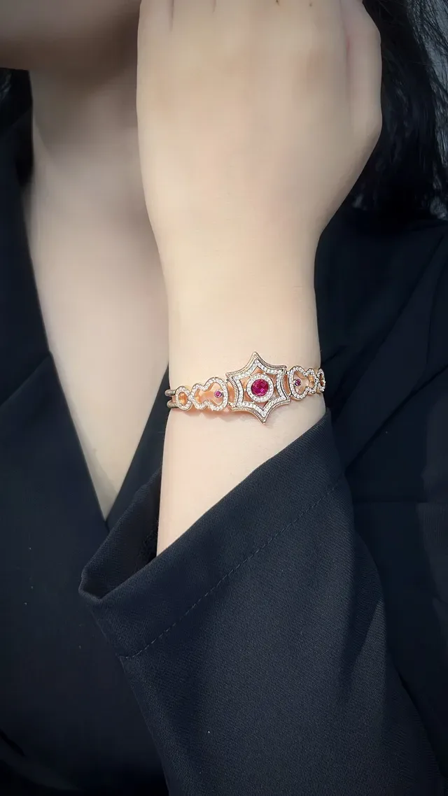Gold-Toned Pavé Heart Motif Pink Gemstone Bracelet 7
