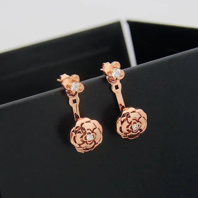 Gold Transparent Floral Motif Double-Tiered Flower Earrings 2