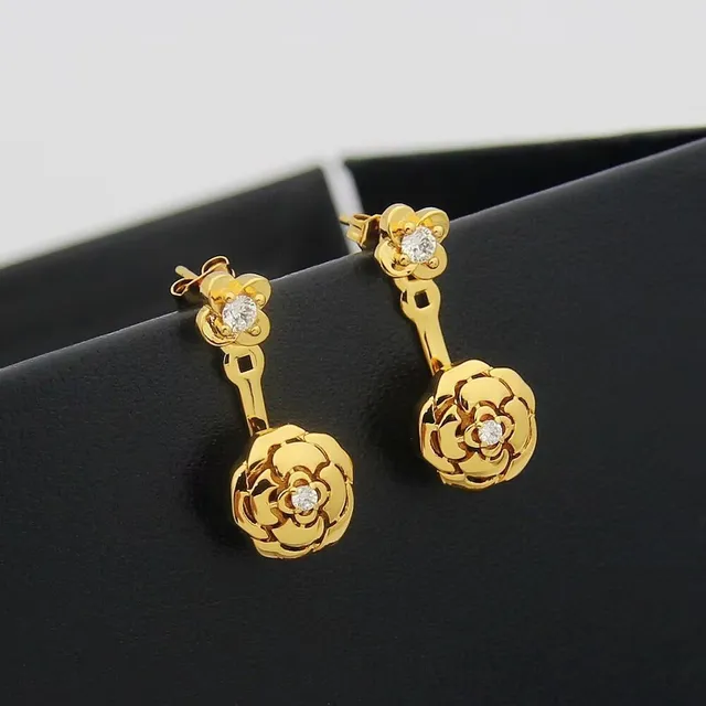 Gold Transparent Floral Motif Double-Tiered Flower Earrings 3