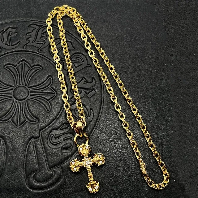 Gold Transparent Ornate Cross Pendant Metal Necklace 2