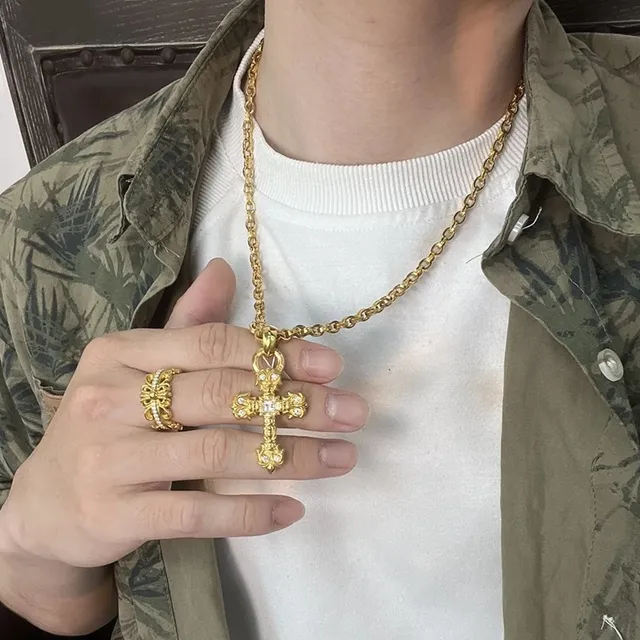 Gold Transparent Ornate Cross Pendant Metal Necklace 3