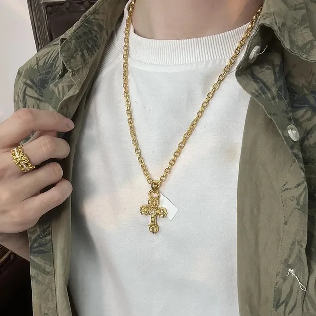 Gold Transparent Ornate Cross Pendant Metal Necklace 4