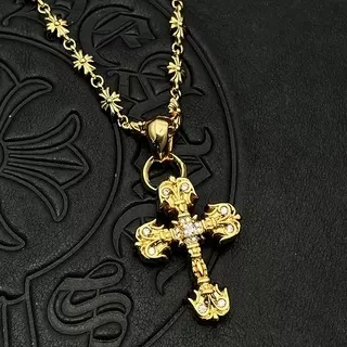 Gold Transparent Ornate Cross Pendant Metal Necklace 7