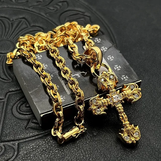 Gold Transparent Ornate Cross Pendant Metal Necklace 9
