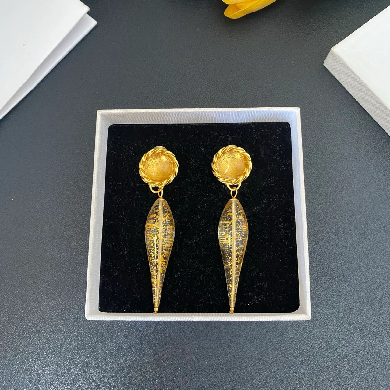 Gold Transparent Twisted Hoop Resin Teardrop Earrings 9