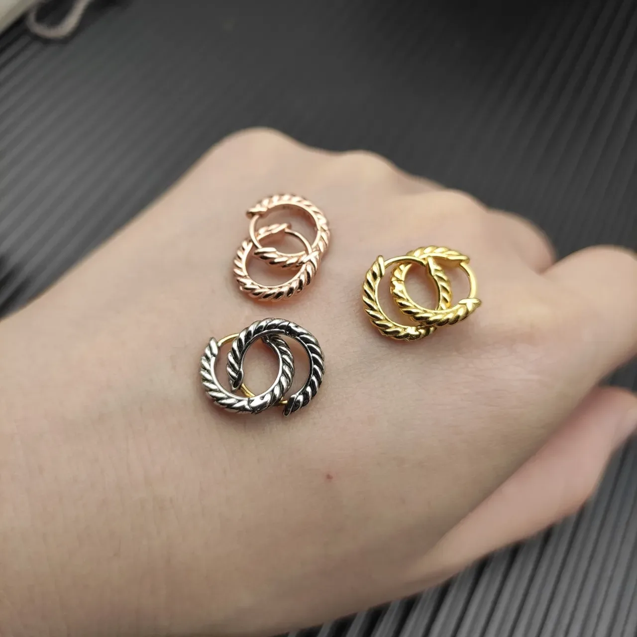 Gold Twisted Rope Texture Hinged Hoop Earrings 2