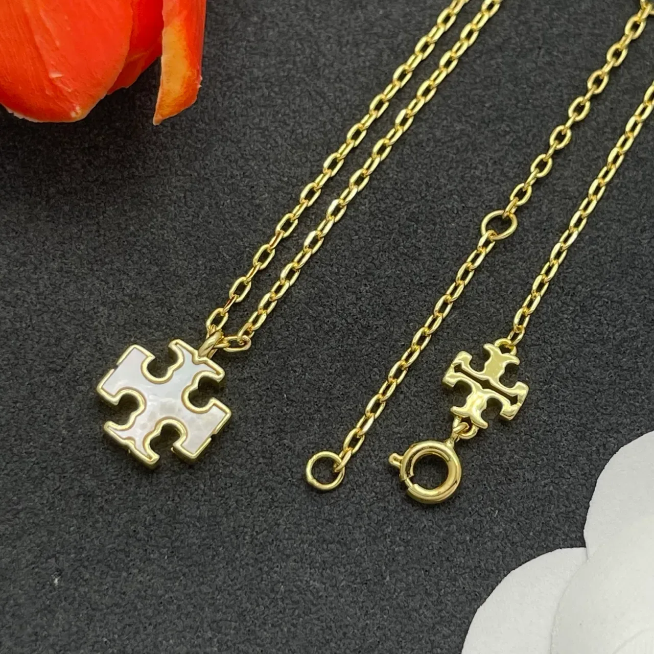 Gold White Link Chain Cross-Shaped Pendant Necklace 6