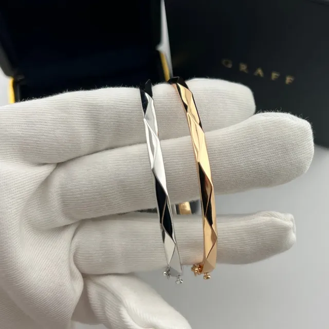 Graff Faceted Geometric Bangle Gold Silver Hinged Bracelet 7