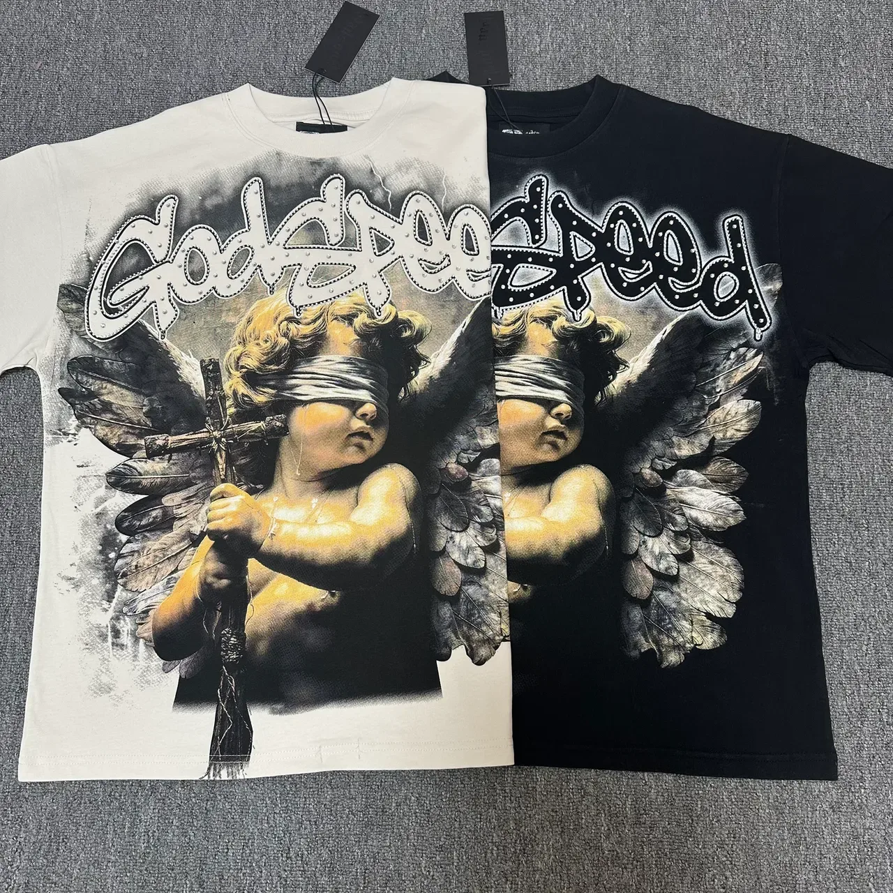 Graphic Print Blindfolded Cherub Winged Angel T-Shirt 2