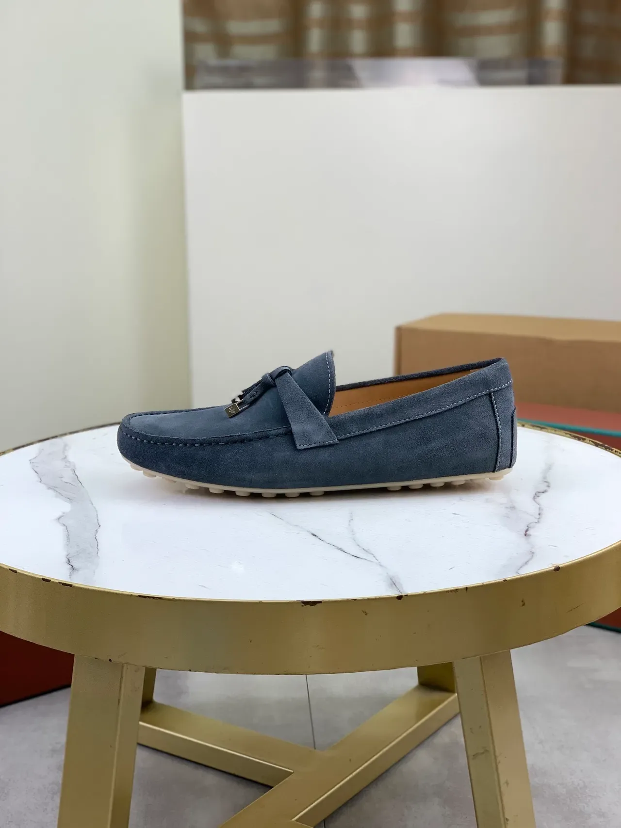 Gray Beige Suede Saddle Strap Loafer 5