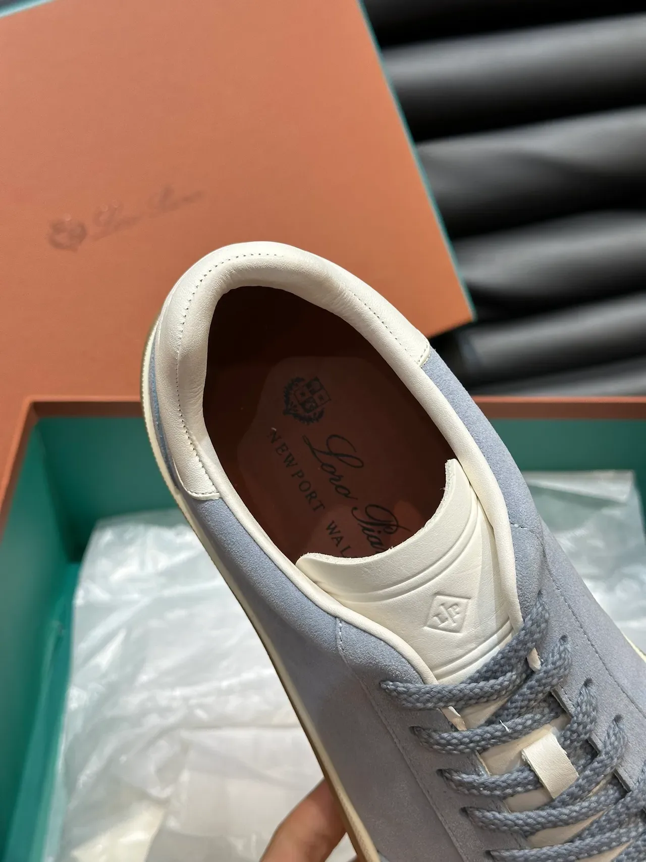 Gray Beige Suede Upper Contrast Cream Heel Tab Sneakers 3