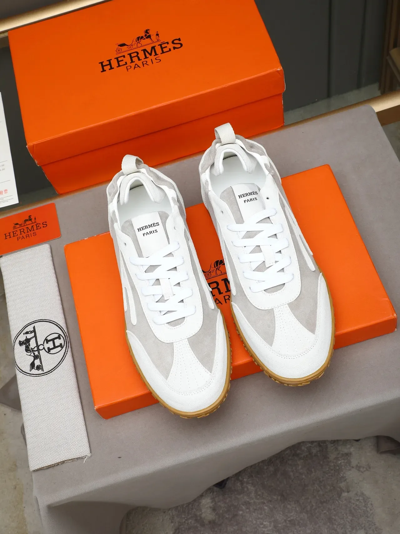 Gray White Suede And Leather Panel Construction Gum Rubber Treaded Outsole Sneakers 2