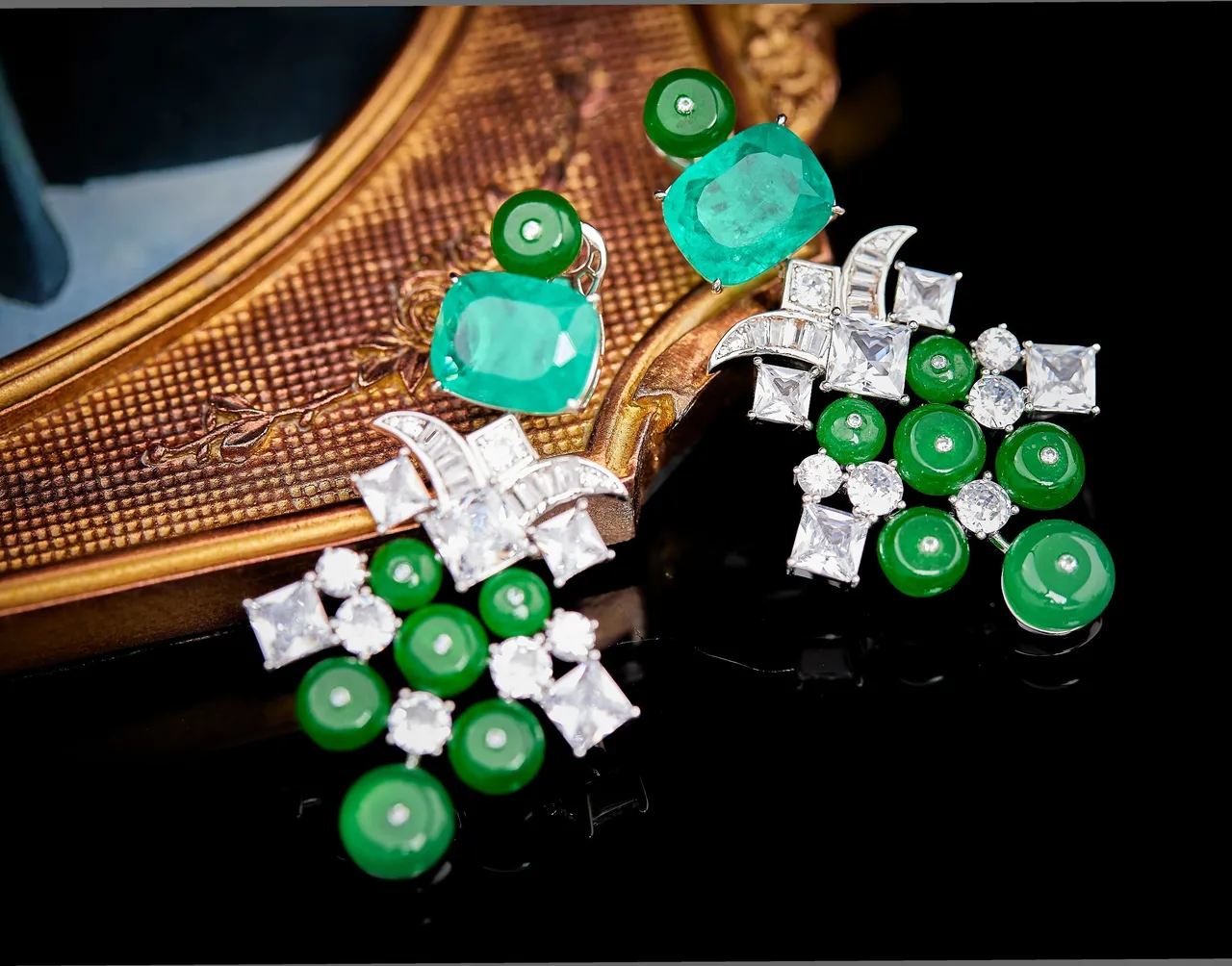 Green and White Gemstone Chandelier Drop Earrings 4
