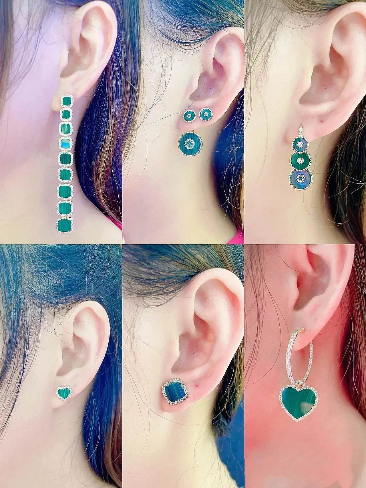 Green Enamel Stacked Disc Crystal Drop Earrings 2