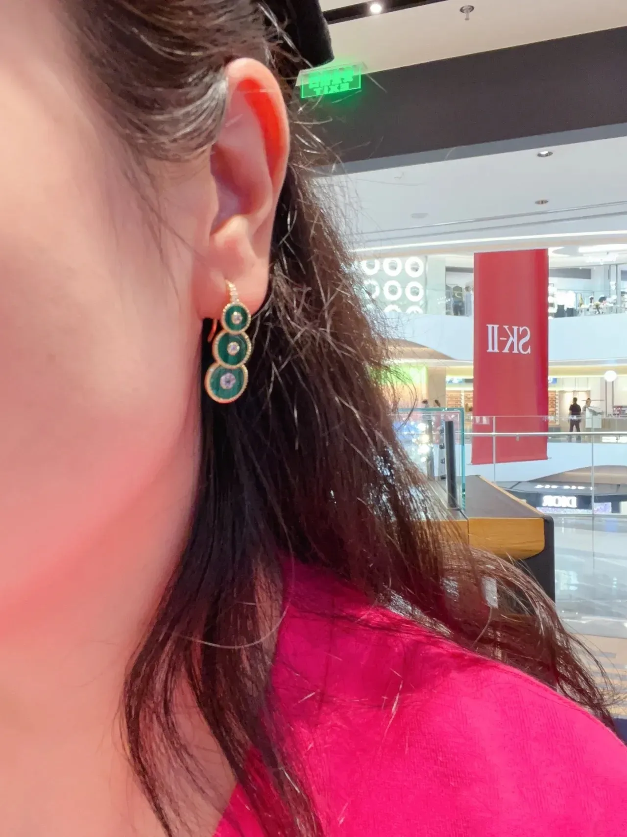 Green Enamel Stacked Disc Crystal Drop Earrings 3