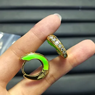 Green Gold Hinged Hoop Enamel Inlay Earrings
