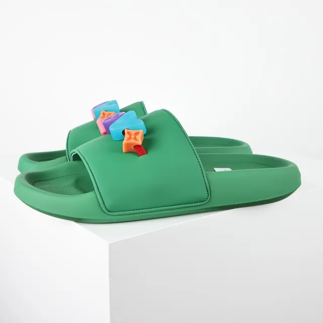 Green Multicolor Molded Rubber-Like Construction Single Wide Strap Slippers 1