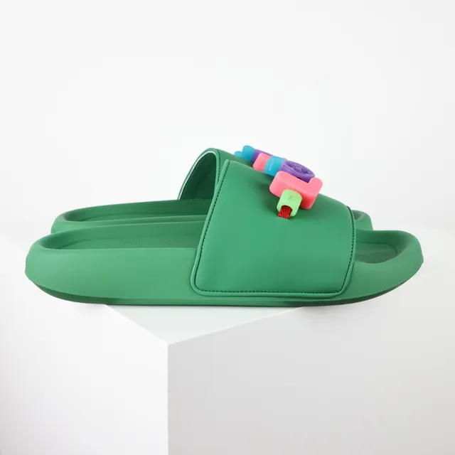 Green Multicolor Molded Rubber-Like Construction Single Wide Strap Slippers 3